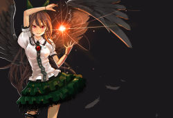 Rule 34 | 1girl, black wings, bow, brown hair, feathers, female focus, fireball, frilled skirt, frills, green skirt, hair bow, lace, lace-trimmed skirt, lace trim, layered skirt, lipstick, long hair, makeup, miniskirt, prototype-d, red eyes, reiuji utsuho, simple background, skirt, smile, solo, touhou, wings