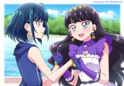 Rule 34 | 2022, 2girls, :d, black hair, blue eyes, blue gloves, blue hair, blue sky, blush, cloud, collared shirt, dated, day, delicious party precure, diadem, dress, earrings, eye contact, fuwa kokone, gloves, green eyes, hanzou, heart pendant, highres, holding hands, hood, hood down, hooded jacket, interlocked fingers, jacket, jewelry, kasai amane, long hair, looking at another, medium hair, multiple girls, open mouth, outdoors, pinafore dress, precure, purple gloves, purple shirt, shirt, sky, sleeveless, sleeveless dress, sleeveless jacket, sleeveless shirt, smile, sparkle, twitter username, upper body, very long hair, white dress, wing collar