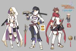 Rule 34 | 1girl, 2boys, bad id, bad twitter id, black hair, blonde hair, elbow gloves, gloves, hood, lloyd irving, mask, midriff, milla maxwell, multiple boys, official alternate costume, red eyes, sachico66, scarf, single thighhigh, sword, tales of (series), tales of asteria, tales of symphonia, tales of vesperia, tales of xillia, thighhighs, weapon, yuri lowell