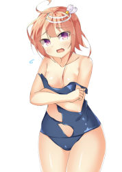 Rule 34 | 10s, 1girl, bad id, bad pixiv id, blush, covering privates, covering breasts, hair ornament, i-58 (kancolle), kankitsunabe (citrus), kantai collection, light brown hair, one-piece swimsuit, open mouth, pink eyes, school swimsuit, short hair, solo, swimsuit, torn clothes, torn swimsuit