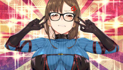 Rule 34 | 1girl, anger vein, black-framed eyewear, black dress, black gloves, blue dress, blush, braid, breasts, brown eyes, brown hair, center opening, choker, double v, dress, earrings, elbow gloves, emotional engine - full drive, fate/grand order, fate (series), glasses, gloves, hands up, highres, jewelry, large breasts, layered dress, long hair, multiple earrings, naha78, parody, piercing, red background, ribbon-trimmed dress, solo, sparkle, striped, striped background, turtleneck, turtleneck dress, v, very long hair, yellow background, yu mei-ren (fate), yu mei-ren (first ascension) (fate)