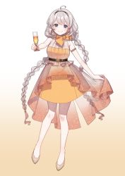 Rule 34 | 1girl, ahoge, belt, black hairband, blue eyes, bow, bowtie, braid, breasts, champagne flute, cherico, commentary request, cup, dress, drinking glass, gradient background, grey hair, hairband, highres, holding, holding cup, kizuna akari, long braid, looking at viewer, medium breasts, neck ribbon, orange background, orange bow, orange bowtie, orange dress, orange theme, ribbon, simple background, smile, solo, twin braids, vocaloid, voiceroid, white background