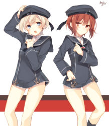 Rule 34 | 10s, 2girls, blue eyes, blush, brown eyes, brown hair, clothes writing, dress, hat, kantai collection, looking at viewer, multiple girls, one-hour drawing challenge, open mouth, personification, sailor collar, sailor dress, sailor hat, short hair, signature, silver hair, toosaka asagi, z1 leberecht maass (kancolle), z3 max schultz (kancolle)