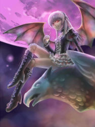 Rule 34 | 00s, 1girl, bat wings, boots, doll joints, dress, drink, gothic lolita, high heel boots, high heels, joints, lolita fashion, moon, orange541, red eyes, rozen maiden, suigintou, white hair, wings