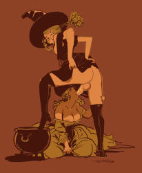 Rule 34 | 1futa, 1girl, bare shoulders, black dress, black footwear, black headwear, boots, breasts, brown background, brown dress, brown hair, brown theme, cauldron, closed eyes, dress, fellatio, futa with female, futanari, hat, high heel boots, high heels, highres, large breasts, limited palette, long hair, medium breasts, multiple girls, nipple slip, nipples, off-shoulder dress, off shoulder, oral, original, penis, profile, signature, simple background, testicles, thigh boots, thighhighs, uncensored, winton kidd, witch hat