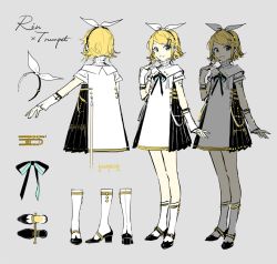 Rule 34 | 1girl, black bow, black dress, black footwear, blonde hair, blue eyes, bow, bow hairband, bowtie, character name, character sheet, colored shoe interior, dress, english text, formal, glowing, glowing clothes, grey background, hairband, hand up, high collar, instrument, instrument hair ornament, kagamine rin, kneehighs, looking at viewer, mary janes, miku symphony (vocaloid), multiple views, official alternate costume, official art, open mouth, outstretched arm, rella, shoes, unworn shoes, short hair, short sleeves, simple background, smile, socks, standing, trumpet, turnaround, two-sided bow, two-sided ribbon, vocaloid, white bow, white dress, white socks