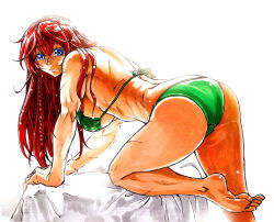 Rule 34 | 1girl, alternate costume, ass, bikini, blue eyes, braid, breasts, closed mouth, from side, green bikini, hong meiling, koyubi (littlefinger1988), large breasts, long hair, looking at viewer, looking to the side, red hair, scar, smile, solo, swimsuit, thighs, touhou, twin braids