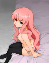 Rule 34 | 00s, 1girl, bed, breasts, butt crack, flat chest, kaisen chuui, long hair, louise francoise le blanc de la valliere, nipples, panties, pink eyes, pink hair, pink panties, side-tie panties, sitting, small breasts, solo, thighhighs, topless, underwear, underwear only, zero no tsukaima