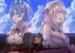 Rule 34 | 1boy, 2girls, bare shoulders, black hair, black ribbon, blood, blood from mouth, blue eyes, blue hair, blue sky, braid, breasts, cleavage, cloud, crown braid, day, detached sleeves, dress, ecchi1008816, elf, emilia (re:zero), flower, frilled sleeves, frills, hair flower, hair ornament, hair over one eye, hair ribbon, highres, injury, jacket, large breasts, long hair, maid, maid headdress, multiple girls, natsuki subaru, open mouth, parted lips, pink ribbon, pointy ears, purple eyes, purple ribbon, re:zero kara hajimeru isekai seikatsu, rem (re:zero), ribbon, ribbon-trimmed clothes, ribbon trim, rose, short hair, silver hair, sky, track jacket, track suit, underbust, white dress, white flower, white rose, x hair ornament
