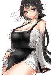 Rule 34 | 1girl, apron, apron lift, apt, bad id, bad pixiv id, bare shoulders, black eyes, black hair, blush, breasts, cleavage, clothes lift, covered erect nipples, curvy, hair ribbon, heart, heart-shaped pupils, highres, large breasts, long hair, looking at viewer, mature female, mole, mole under eye, open mouth, original, ponytail, ribbed sweater, ribbon, simple background, sitting, smile, solo, sweat, sweater, symbol-shaped pupils, white background, wide hips