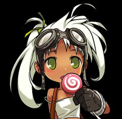 Rule 34 | 1girl, candy, dark-skinned female, dark skin, echo (elsword), elsword, female focus, food, gloves, goggles, green eyes, licking, lollipop, lowres, ress, simple background, solo, strap slip, swirl lollipop, transparent background, twintails, uneven twintails, white background, white hair