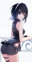 Rule 34 | 1girl, a.a (aa772), arknights, ass, bare shoulders, black hair, black shorts, character name, closed mouth, commentary request, from behind, hair intakes, hair ornament, hairband, hairclip, highres, la pluma (arknights), looking at viewer, looking back, purple eyes, railing, short hair, short shorts, shorts, simple background, sleeveless, solo, thigh strap, white background, white hairband