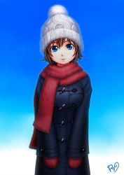 Rule 34 | 1girl, beanie, blue eyes, brown hair, hat, jacket, mittens, original, red mittens, red scarf, ryos-room-eden, scarf, short hair, smile, solo, toggles