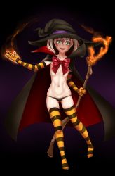 Rule 34 | 1girl, :d, black panties, bow, cape, collarbone, commentary, elbow gloves, english commentary, flaming hand, flat chest, full body, gloves, gluteal fold, green eyes, hair between eyes, halloween, hat, highres, holding, holding staff, ibarazaki emi, katawa shoujo, light brown hair, looking at viewer, navel, no bra, no pants, open mouth, panties, red bow, simple background, smile, solo, staff, stomach, striped clothes, striped gloves, striped thighhighs, thighhighs, twintails, twrlare, underwear, witch hat