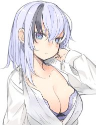 Rule 34 | 1girl, bad id, bad pixiv id, black hair, blue eyes, blush, bra, bra peek, breasts, cleavage, collarbone, collared shirt, dress shirt, hair between eyes, hand in own hair, hand up, head tilt, kinukawa chinatsu, large breasts, light purple hair, long sleeves, looking at viewer, multicolored hair, open clothes, open shirt, original, otokuyou, parted lips, polka dot, polka dot bra, purple bra, purple eyes, purple hair, shirt, simple background, sketch, solo, streaked hair, two-tone hair, underwear, upper body, white background, white shirt, wing collar