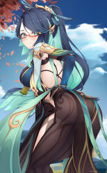Rule 34 | 1girl, absurdres, aqua eyes, ass, ass focus, backless outfit, black hair, breasts, cloud retainer (genshin impact), colored inner hair, earrings, from behind, genshin impact, glasses, gloves, green hair, hair ornament, highres, jewelry, large breasts, long hair, long sleeves, looking at viewer, looking back, multicolored hair, red-framed eyewear, semi-rimless eyewear, shironagase, solo, tassel, tassel earrings, two-tone hair, very long hair, xianyun (genshin impact)