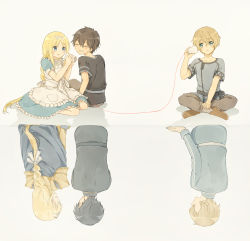 Rule 34 | 1girl, 2boys, alice zuberg, apron, armor, armored dress, black hair, black shirt, blonde hair, blouse, blue cape, blue dress, blue eyes, blue shirt, blush, bow, braid, braided ponytail, cape, collarbone, commentary request, dress, eugeboy zzzzz, eugeo, closed eyes, faceless, gold armor, green eyes, hair between eyes, hair bow, hair ornament, highres, kirito, long hair, multiple boys, aged up, open mouth, ponytail, shirt, short hair, simple background, sitting, string phone, sword art online, sword art online: alicization, teeth, white apron, white bow, aged down