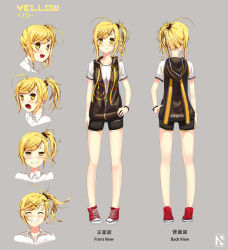Rule 34 | 1girl, blonde hair, blush, character name, character sheet, expressions, full body, highres, jacket, muite, multiple views, official art, original, shoes, side ponytail, simple background, sketch, smile, turnaround, yellow eyes