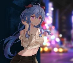 Rule 34 | 1girl, black pants, blue hair, blurry, blurry background, blush, casual, commentary request, earrings, ganyu (genshin impact), genshin impact, hand in own hair, highres, horns, jewelry, long hair, looking at viewer, low ponytail, midriff, navel, night, pants, purple eyes, smile, solo, xiachujin