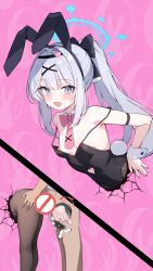 Rule 34 | 1boy, 2girls, absurdres, ai-assisted, animal ears, black leotard, black pantyhose, blue archive, blush, censored, character censor, detached collar, fake animal ears, fake tail, fingernails, grey hair, highres, implied sex, kiriyuki (azikaban1532), koharu (blue archive), leotard, long hair, looking at viewer, miyako (blue archive), multiple girls, multiple views, nail polish, novelty censor, open mouth, pantyhose, ponytail, purple eyes, rabbit ears, rabbit hole (vocaloid), rabbit tail, red nails, smile, strapless, strapless leotard, tail, through wall, wrist cuffs