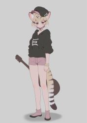 Rule 34 | 1girl, animal ear fluff, animal ears, badge, black hoodie, blonde hair, breasts, button badge, cat ears, cat tail, closed mouth, collar, full body, grey background, guitar, hat, highres, holding, holding instrument, hood, hood down, hoodie, instrument, kemono friends, long sleeves, looking at viewer, multicolored hair, notora, pink shorts, sand cat (kemono friends), short hair, short shorts, shorts, simple background, sleeves pushed up, small breasts, solo, standing, tail, wristband