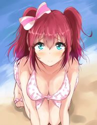 Rule 34 | 10s, 1girl, alternate breast size, beach, bikini, bow, breasts, cleavage, downblouse, green eyes, hair bow, haru (nature life), kneeling, kurosawa ruby, large breasts, looking at viewer, love live!, love live! sunshine!!, red hair, sandals, smile, solo, swimsuit, two side up