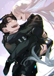 Rule 34 | 1boy, 1girl, angelica (project moon), black gloves, black hair, black jacket, black necktie, black pants, black sweater, carrying, carrying person, collared shirt, floating hair, gloves, hamelon310, highres, husband and wife, jacket, library of ruina, long hair, necktie, pants, project moon, roland (project moon), shirt, sweater, very long hair, white background, white hair, white shirt