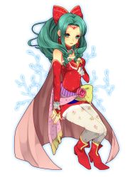 Rule 34 | 1girl, amano hotaru (hotaama), bare shoulders, bow, breasts, cape, closed mouth, detached sleeves, dress, earrings, final fantasy, final fantasy vi, green hair, highres, jewelry, long hair, looking at viewer, pantyhose, ribbon, solo, tina branford