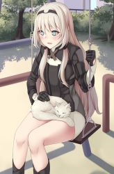 Rule 34 | 1girl, act (xadachit), an-94 (girls&#039; frontline), black gloves, blue eyes, blush, cat, clip studio paint (medium), girls&#039; frontline, gloves, hairband, highres, long hair, long sleeves, open mouth, outdoors, silver hair, sitting, solo, swing, tree