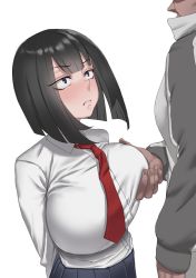 Rule 34 | 1boy, 1girl, bangs, breast grab, breast squeeze, breasts, brown hair, embarrassed, eyebrows visible through hair, frown, grabbing, groping, large breasts, long sleeves, looking at another, molestation, office lady, short hair, skirt, tagme, tomiokasena