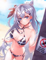 Rule 34 | 1girl, angry, animal print, bikini, blue eyes, breasts, bush, cow print, english text, grey hair, hair ornament, highres, hololive, hololive indonesia, jewelry, large breasts, long hair, looking at viewer, medium breasts, necklace, sign, signature, sk jynx, solo, standing, swimsuit, vestia zeta, virtual youtuber, warning sign