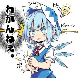 Rule 34 | 1girl, blue eyes, blue hair, bow, cirno, commentary request, dress, emphasis lines, fist in hand, hair bow, ice, ice wings, light bulb, lowres, neck ribbon, newtype flash, noya makoto, palm-fist tap, ribbon, short hair, short sleeves, simple background, solo, touhou, translation request, upper body, white background, wide-eyed, wing collar, wings