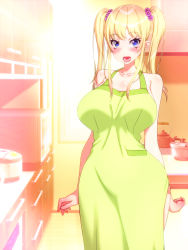 Rule 34 | 1girl, apron, bare legs, bare shoulders, blonde hair, blue eyes, blush, breasts, collarbone, eyebrows, happy, highres, huge breasts, indoors, kitchen, legs, long hair, looking at viewer, nabesekizaiten, naked apron, open mouth, original, smile, solo, standing, sunlight, thighs, twintails, window