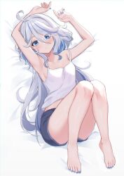 Rule 34 | 1girl, ahoge, ardenlolo, armpits, bare legs, barefoot, bed sheet, blue eyes, blue hair, blue nails, blush, breasts, casual, contemporary, feet, fingernails, full body, furina (genshin impact), genshin impact, gloves, hair between eyes, knees, knees together feet apart, knees up, legs, light blue hair, long hair, looking at viewer, lying, multicolored hair, nail polish, on back, small breasts, solo, tank top, toenail polish, toenails, toes, white hair