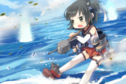 Rule 34 | &gt;:o, 10s, 1girl, :o, bad id, bad pixiv id, bare shoulders, black eyes, black hair, cannon, cloud, day, detached sleeves, gun, headband, holding, holding gun, holding weapon, japanese clothes, kantai collection, loafers, machinery, miko, nagara (kancolle), ocean, open mouth, pleated skirt, school uniform, serafuku, shoes, short hair, side ponytail, skirt, solo, tachiki (naruki), thighhighs, turret, v-shaped eyebrows, water, weapon, white thighhighs, zettai ryouiki