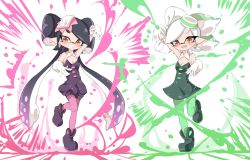 Rule 34 | + +, 2girls, absurdres, arm up, bare shoulders, black hair, blush, breasts, callie (splatoon), cleavage, cousins, detached collar, domino mask, dress, earrings, fang, female focus, full body, gloves, gradient hair, green footwear, green hair, green legwear, grin, hand up, happy, highres, jewelry, jpeg artifacts, jumpsuit, leg up, long hair, looking at viewer, marie (splatoon), mask, mole, mole under eye, multicolored hair, multiple girls, nintendo, object on head, open mouth, orange eyes, pantyhose, pink hair, pink legwear, pointy ears, purple footwear, purple jumpsuit, shoes, short dress, short hair, short jumpsuit, simple background, small breasts, smile, sparkle, splatoon (series), splatter, standing, standing on one leg, strapless, strapless dress, sukeo, teeth, tentacle hair, tentacles, twintails, two-tone hair, very long hair, white background, white gloves, white hair