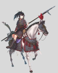 Rule 34 | 1boy, armor, barding, black hair, chinese armor, chinese commentary, commentary request, fangdan runiu, grey background, headband, highres, holding, holding weapon, horse, japanese armor, knife, male focus, military, naginata, nightmaremk2, open mouth, original, polearm, ponytail, sheath, sheathed, sidesaddle, simple background, solo, weapon