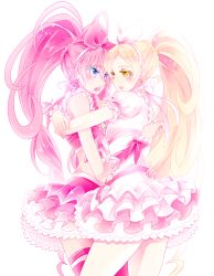 Rule 34 | 10s, 2girls, absurdres, bare shoulders, blonde hair, blue eyes, blush, bow, choker, couple, cure melody, cure rhythm, highres, houjou hibiki, hug, long hair, md5 mismatch, midriff, minamino kanade, multiple girls, navel, open mouth, pink bow, pink hair, ponytail, precure, simple background, sleeveless, suite precure, twintails, white background, white choker, yellow eyes, yuri, yuucho (cololal)
