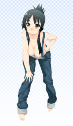 Rule 34 | 1girl, akiyama mio, alternate hairstyle, barefoot, bent over, black eyes, black hair, blush, breasts, cleavage, downblouse, feet, hair up, hand on own hip, hanging breasts, hip focus, k-on!, kesuida, large breasts, long hair, naked overalls, nipple slip, nipples, overalls, solo, toes