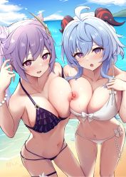 Rule 34 | 2girls, ahoge, alternate costume, bare arms, bare shoulders, beach, bead bracelet, beads, bikini, bikini pull, blue hair, blue sky, blush, bow, bracelet, braid, breast press, breasts, breasts out, cleavage, clothes pull, collarbone, cone hair bun, cowboy shot, day, double bun, frilled bikini, frills, front-tie top, ganyu (genshin impact), genshin impact, goat horns, hair bun, hair ears, hair ornament, hairpin, hand up, highres, horns, jewelry, keqing (genshin impact), lank (lankdesu), large breasts, long hair, looking at viewer, multi-strapped bikini, multiple girls, navel, nipples, nose blush, open mouth, outdoors, purple bikini, purple eyes, purple hair, sidelocks, sky, smile, sparkle, standing, stomach, strap slip, swimsuit, symmetrical docking, thigh strap, wet, white bikini, white bow