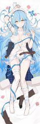 Rule 34 | 1girl, ahoge, arm up, bare shoulders, bed sheet, beret, blouse, blue coat, blue hair, blue skirt, blush, boots, braid, breasts, brown footwear, cleavage, coat, collarbone, commentary, corset, dakimakura (medium), flower, frilled skirt, frills, from above, hair between eyes, hair flower, hair ornament, half updo, hat, heart, heart ahoge, high heel boots, high heels, highres, hololive, light blue hair, long hair, looking at viewer, lying, medium breasts, miniskirt, multicolored hair, on back, open clothes, parted lips, pointy ears, ribbon, rin yuu, shirt, skirt, sleeveless, snowflake print, solo, streaked hair, thighhighs, thighhighs pull, thighs, two-tone hair, unfinished, unworn boots, unworn coat, virtual youtuber, white hat, white shirt, white thighhighs, yellow eyes, yukihana lamy