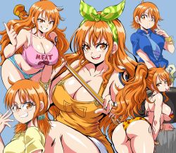 Rule 34 | 1girl, absurdres, ass, bikini, blouse, blue shirt, breasts, glasses, hair ribbon, highres, large breasts, lewdamone, long hair, nami (one piece), necktie, one piece, orange hair, overalls, ribbon, shirt, short shorts, shorts, simple background, solo, swimsuit, tank top, tattoo