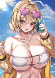Rule 34 | 1girl, :d, absurdres, ahoge, anis (nikke), anis (sparkling summer) (nikke), bare shoulders, bikini, blonde hair, blue sky, breasts, can, cleavage, cloud, collarbone, day, eyepatch bikini, eyewear on head, goddess of victory: nikke, hair ornament, highres, holding, holding can, jacket, large breasts, navel, off shoulder, official alternate costume, open mouth, outdoors, parapetto, short hair, skindentation, sky, smile, solo, sunglasses, swimsuit, upper body, white bikini, yellow eyes, yellow jacket