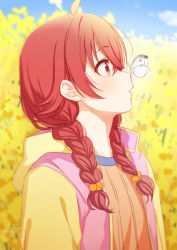 Rule 34 | 1girl, ahoge, blue sky, braid, bug, butterfly, butterfly on nose, idolmaster, idolmaster shiny colors, insect, komiya kaho, looking at animal, outdoors, profile, red eyes, red hair, sky, solo, tobade (tbdfactory), twin braids, upper body