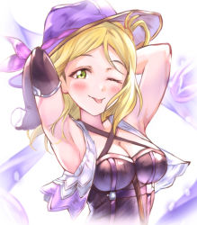 Rule 34 | 1girl, ;p, absurdres, armpits, arms behind head, asymmetrical gloves, black gloves, blonde hair, blush, breasts, cleavage, cropped torso, elbow gloves, floating hair, gloves, green eyes, halterneck, hat, hat ribbon, highres, holding, long hair, looking at viewer, love live!, love live! school idol festival, love live! sunshine!!, medium breasts, ohara mari, one eye closed, pink ribbon, purple hat, ribbon, shaka (staito0515), sleeveless, solo, sun hat, tongue, tongue out, uneven gloves, upper body, white background