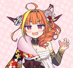 Rule 34 | 1girl, ahoge, bandages, bare shoulders, black hairband, blonde hair, blunt bangs, blush, bow, bowtie, breasts, claw pose, cleavage, detached collar, detached sleeves, diagonal-striped bow, dragon girl, dragon horns, drill hair, fang, fangs, floral print, flower, gem, hair flower, hair ornament, hair over shoulder, hair stick, hairband, hololive, horn bow, horn flower, horn ornament, horns, japanese clothes, jewelry, kimono, kiryu coco, kiryu coco (new year), kukie-nyan, large breasts, long sleeves, looking at viewer, medium hair, multicolored eyes, multicolored hair, off shoulder, official alternate costume, open mouth, orange hair, pink background, pointy ears, purple eyes, red eyes, red kimono, sarashi, side drill, side ponytail, skin fang, skin fangs, skindentation, solo, streaked hair, twitter username, upper body, v-shaped eyebrows, virtual youtuber