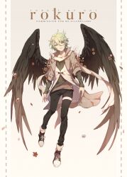 Rule 34 | 1boy, angel, artist name, bishounen, black footwear, black pants, black sleeves, black sweater, black wings, border, character name, coattails, collaboration, commentary, commission, denim, dewli, english commentary, english text, feathered wings, flower, full body, gradient background, green eyes, green hair, grey jacket, grey shirt, grey sleeves, hair flower, hair ornament, hen-tie, highres, jacket, jeans, layered shirt, layered sleeves, looking at viewer, male focus, open clothes, open jacket, original, pants, parted lips, petals, pink flower, red flower, scarf, shirt, shoes, short hair, smile, sneakers, socks, sweater, bridal garter, watermark, white background, white border, white flower, white scarf, white socks, white tunic, wings