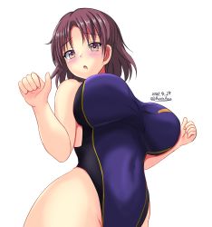 Rule 34 | 1girl, blush, breasts, brown eyes, brown hair, chiyoda (kancolle), competition swimsuit, cowboy shot, dated, from below, highres, kantai collection, large breasts, medium hair, montemasa, one-piece swimsuit, open mouth, signature, simple background, swimsuit, white background