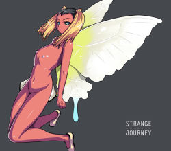 Rule 34 | 1girl, atlus, blue eyes, butterfly wings, colored skin, darabuchi, flat chest, horns, hua po, hua po (megami tensei), insect wings, long hair, nipples, nude, orange hair, red skin, shin megami tensei, shin megami tensei: strange journey, solo, wings