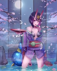 Rule 34 | 1girl, alcohol, artist request, bare shoulders, barefoot sandals (jewelry), bob cut, branch, breasts, bridal gauntlets, cherry blossoms, closed mouth, collarbone, cup, eyeliner, fate/grand order, fate (series), full moon, gourd, headpiece, highres, horns, japanese clothes, kimono, kneeling, long sleeves, looking at viewer, makeup, moon, night, night sky, obi, off shoulder, oni, petals, pouring, purple eyes, purple hair, purple kimono, revealing clothes, rock, sakazuki, sake, sash, short eyebrows, short hair, shuten douji (fate), skin-covered horns, sky, small breasts, smile, solo, thighs, tongue, tongue out, water, wide sleeves